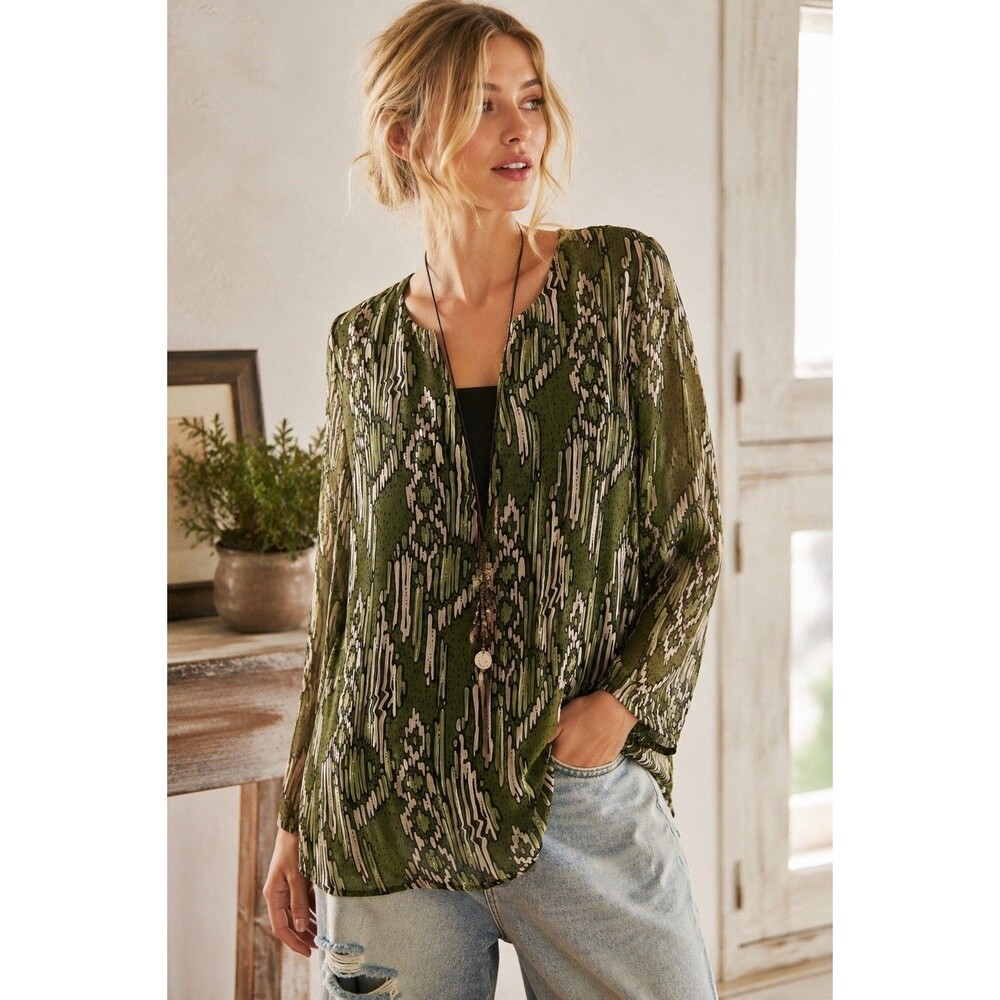 Bob Mackie Wearable Art Layered Tunic Blouse M Green Abstract Sheer Chiffon